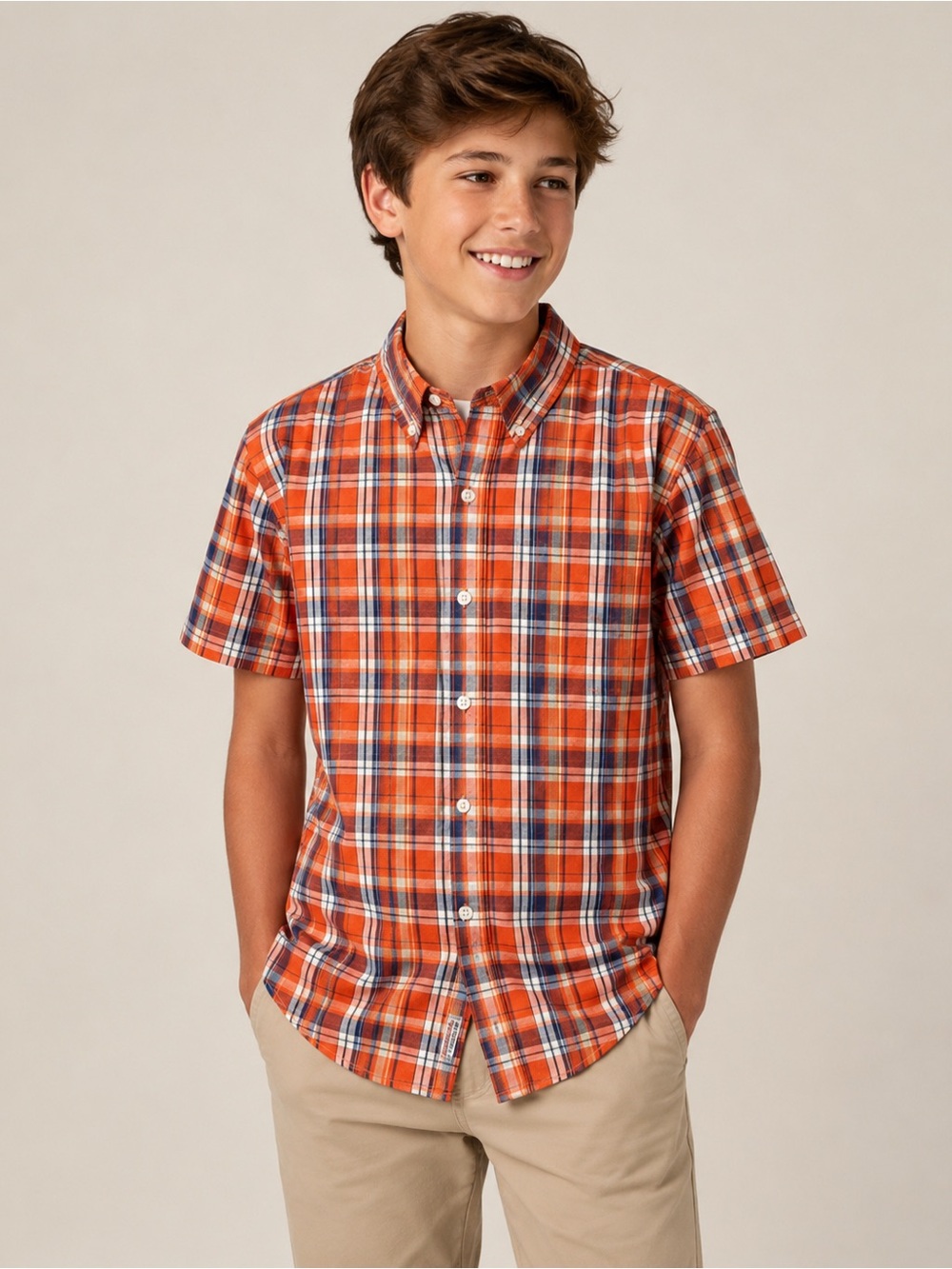 Abercrombie & Fitch Boys Orange Plaid Short Sleeve Button Down Shirt Size L 3/30